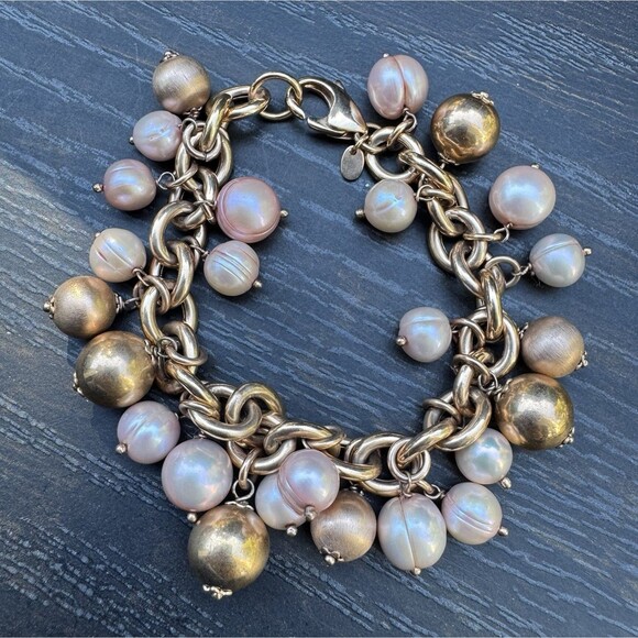 Vintage Honora Bronze Pink Freshwater Cultured Pearl Charm Bracelet 7.5” Italy - Picture 8 of 15